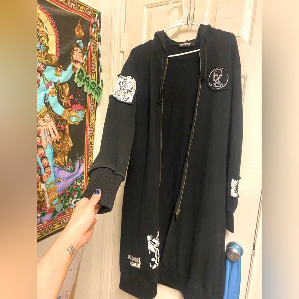 Rad black Darker Wavs long sweater trench with patches and hood